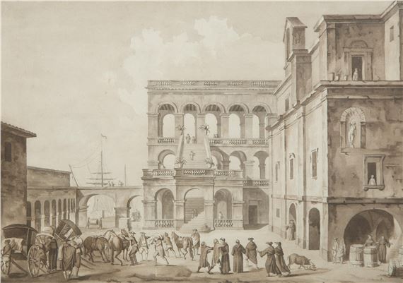 Courtyard with Ship Beyond by Charles François de Lacroix