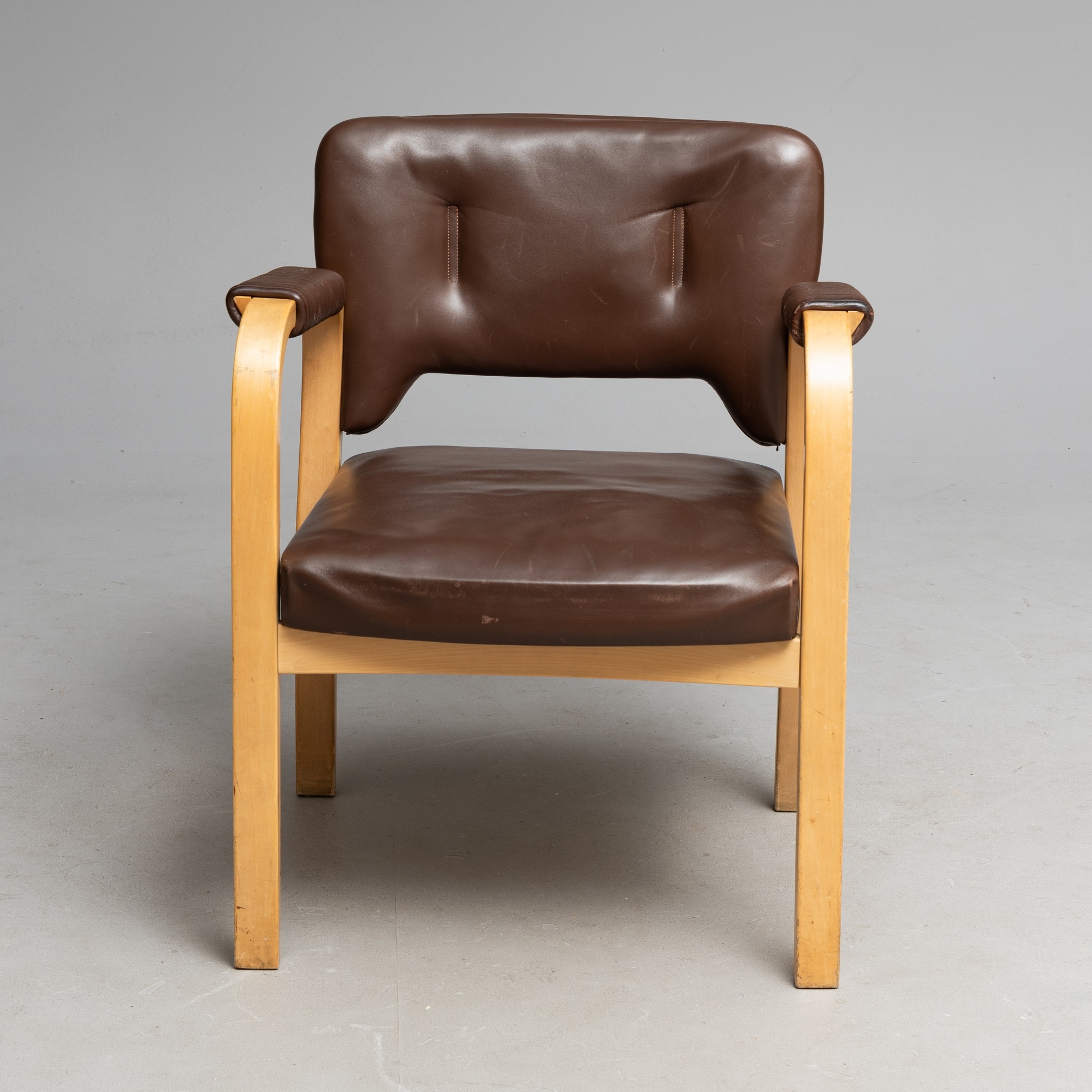 Artwork by Maija Heikinheimo, Chair, model 43, Artek, Made of lacquered birch, leather upholstery
