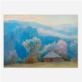 A serene landscape painting featuring a small hut nestled among trees with distant blue mountains.