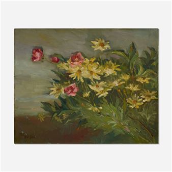 A floral still life featuring yellow and pink blossoms against a muted background.