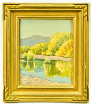 A sunny streamside landscape with mountains beyond - Bertha Emery