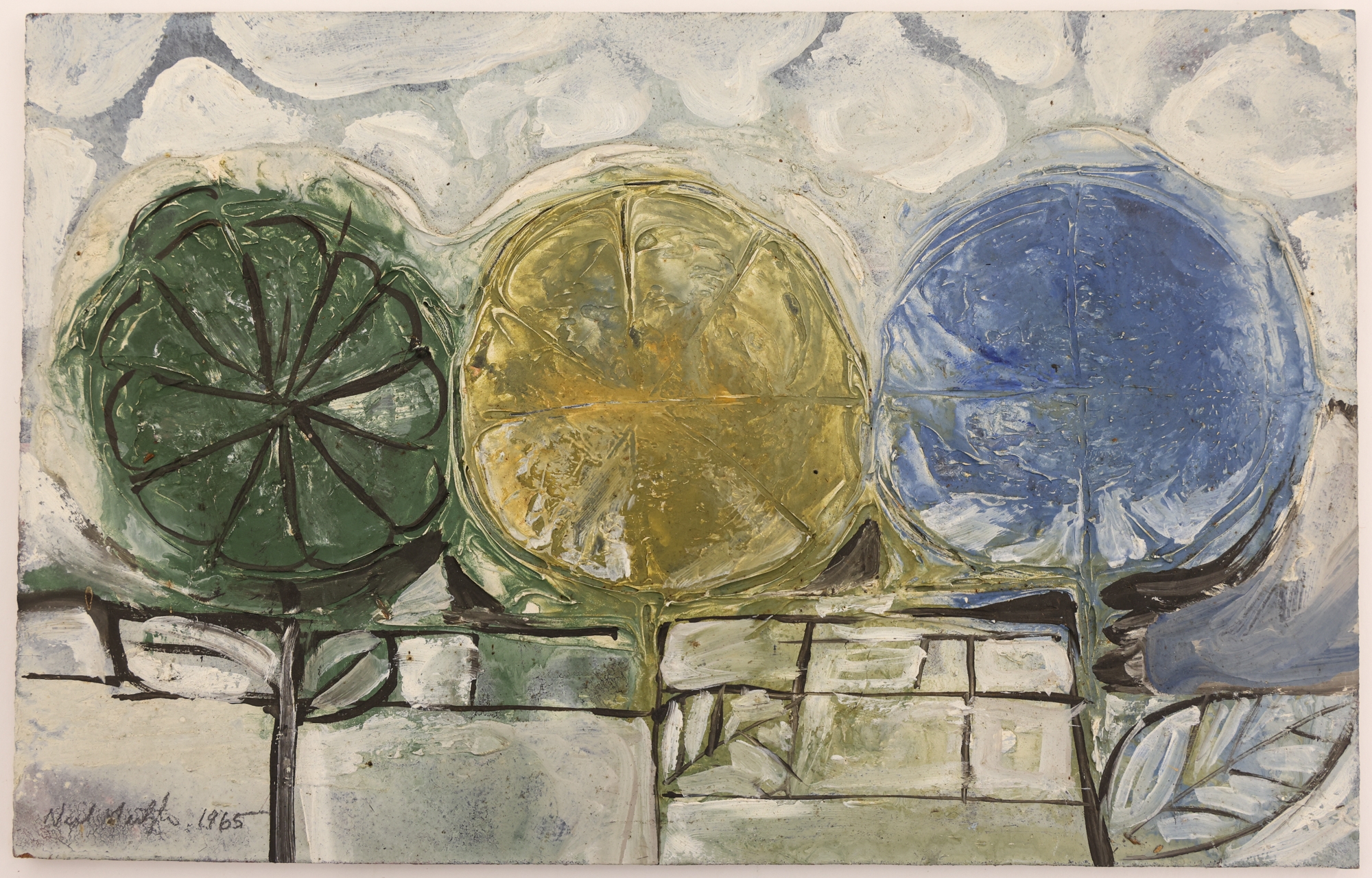 Artwork by Neil Meitzler, Neil Meitzler ''Lollipop Trees'' 1965 Oil on Masonite 7''x10, Made of Oil on Masonite