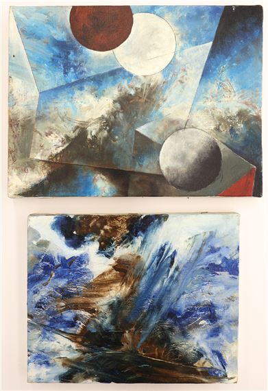 2pc Neil Meitzler Blue Abstract Small Oils on Canvas 9''x12'' Largest