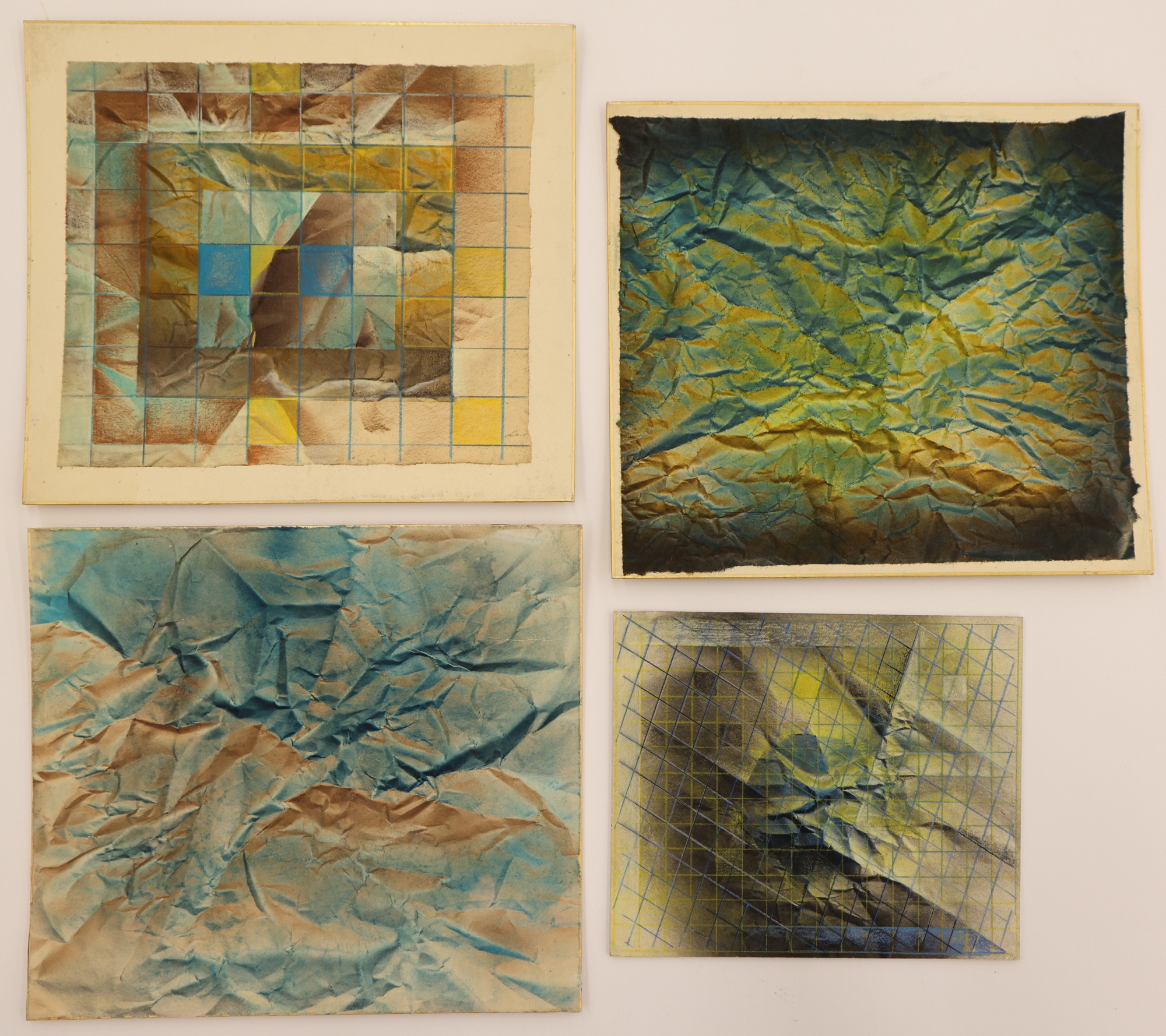 Artwork by Neil Meitzler, 4pc Neil Meitzler Crumpled Paper Abstractions on Shikishi Boards, Made of crumpled paper