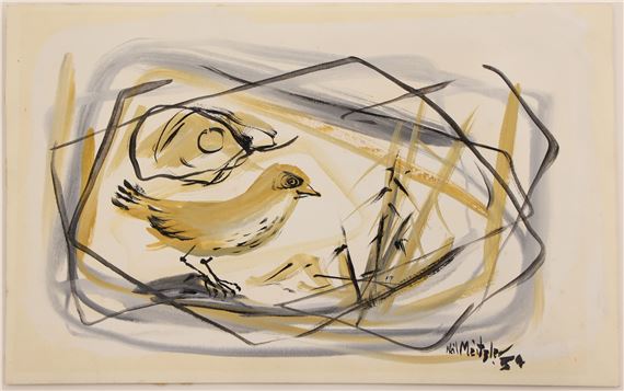 Neil Meitzler ''Bird in Nest'' 1954 Casein on Paper 6''x9.5