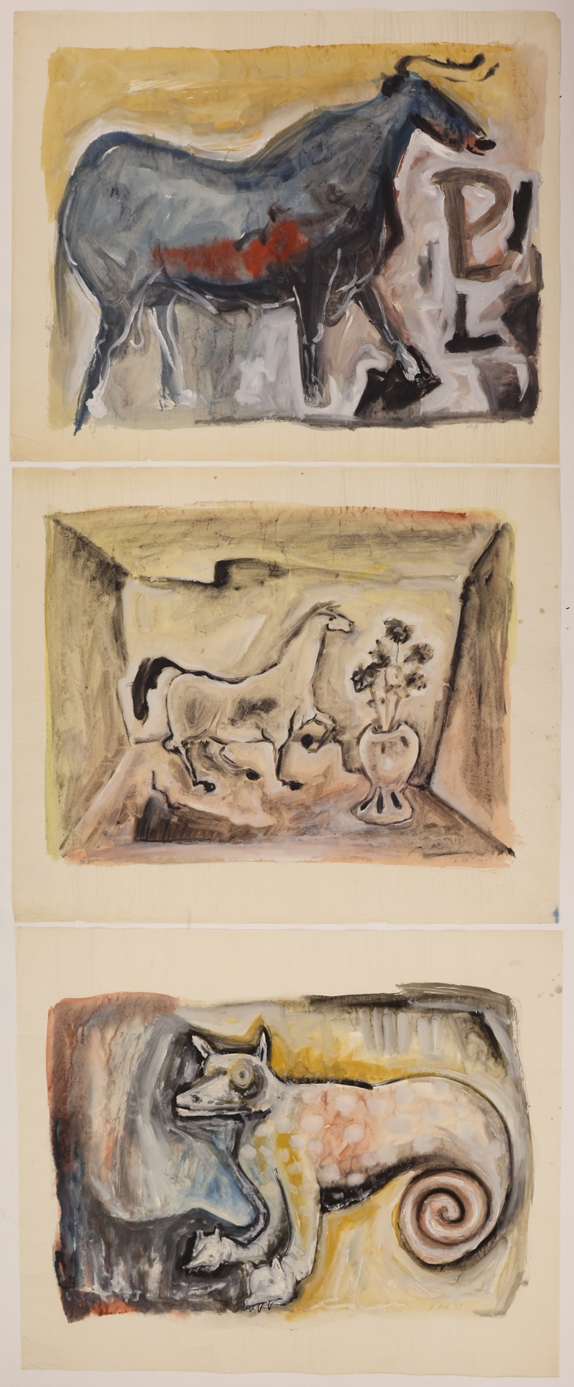 Artwork by Neil Meitzler, 3pc Neil Meitzler Abstract Animal Artworks 1957 Casein on Paper, Made of Casein on Paper