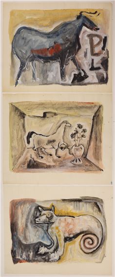 3pc Neil Meitzler Abstract Animal Artworks 1957 Casein on Paper