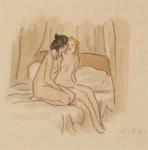 A tender watercolor scene of two nude figures embracing on a bed.