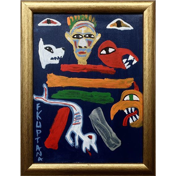 A colorful abstract painting featuring a central face surrounded by various animal-like figures against a dark blue background.