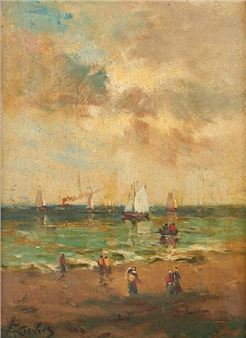 Promeneurs en bord de mer sur fond de voiliers. - Alfred Stevens
