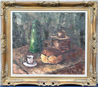 Stilleven met brood en koffiemolen”, een schilderij, olieverf op doek in vergulde kader, gesigneerd J. Slootmaeckers - Jos Slootmaeckers