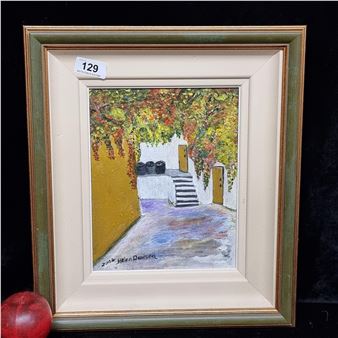 A charming original Helen Dawson . Features a street scene crowned by a canopy of lush greenery at the top of the . The vibrant color palette brings the scene to life, while the stippling technique applied to the foliage creates a rich texture - Helen Dawson