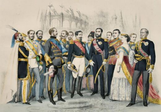A formal group portrait of uniformed figures and a woman in an ornate dress, rendered in a detailed historical illustration style.