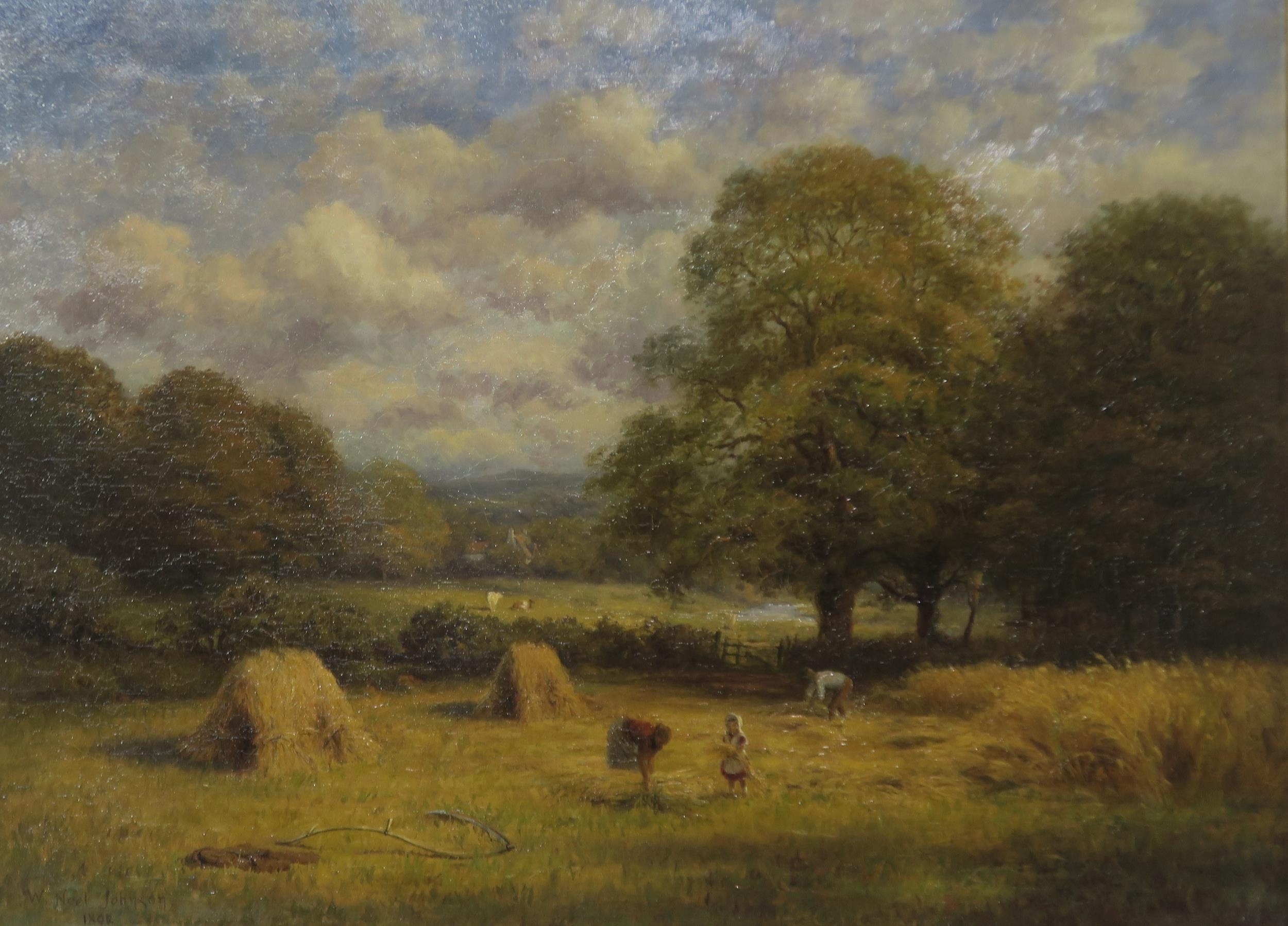 A pastoral landscape painting featuring a grassy field with haystacks, cows, and trees under a cloudy sky.