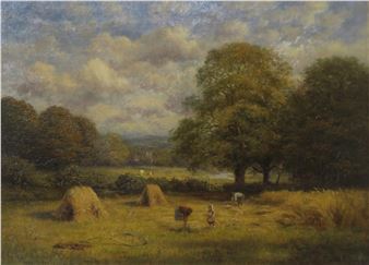 A pastoral landscape painting featuring a grassy field with haystacks, cows, and trees under a cloudy sky.
