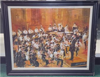 Framed and glazed amateur oil on canvas painting of an orchestra with conductor signed "Johnny Black" 89 x 74cm - Johnny Black