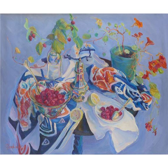 STILL LIFE WITH RASPBERRIES AND NASTURIUMS by Josephine Graham