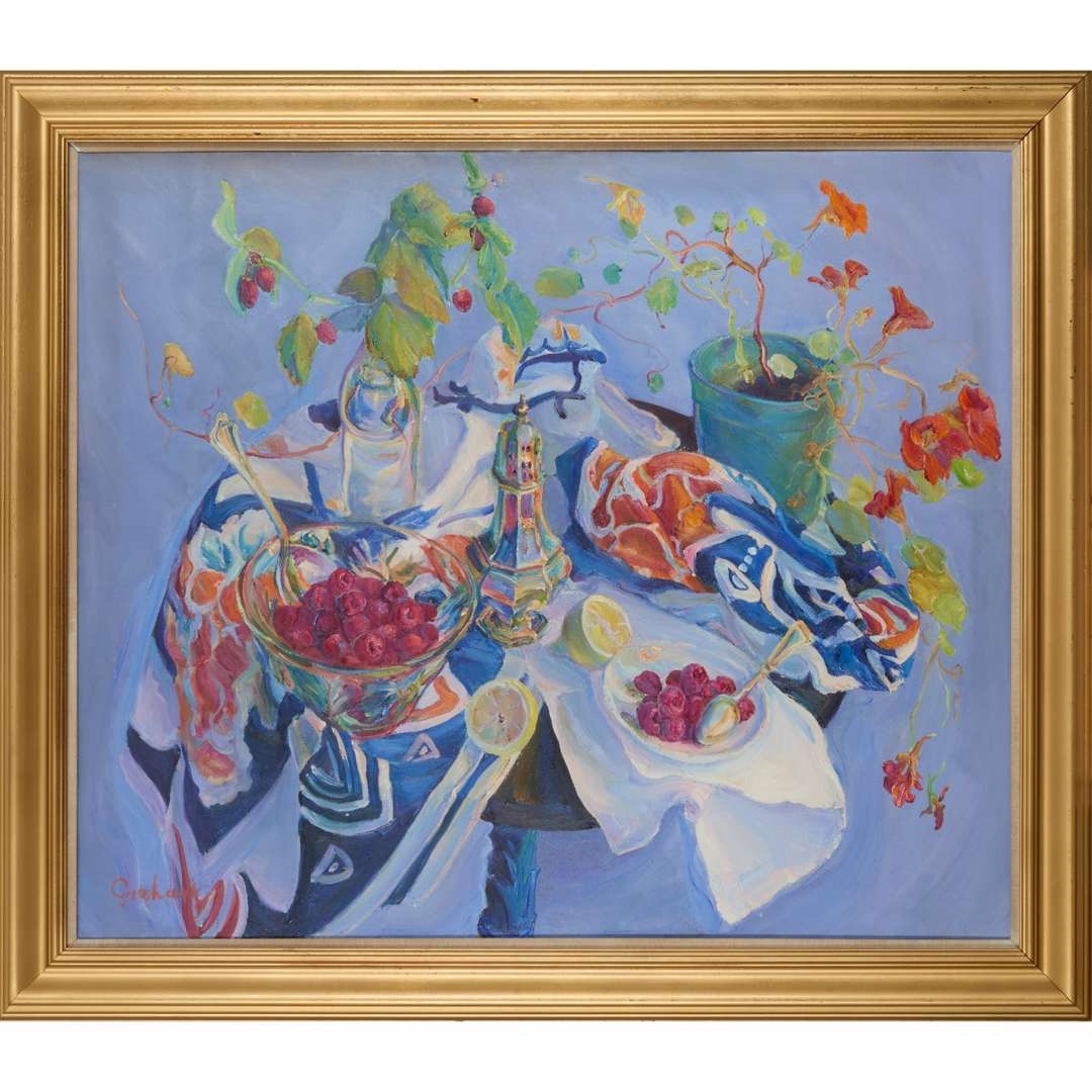 Artwork by Josephine Graham, STILL LIFE WITH RASPBERRIES AND NASTURIUMS, Made of oil on canvas