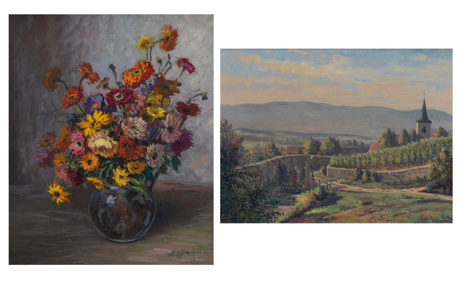 Artwork by Eugène Meinen, Village de campagne, Nature morte aux fleurs, Made of oil on canvas