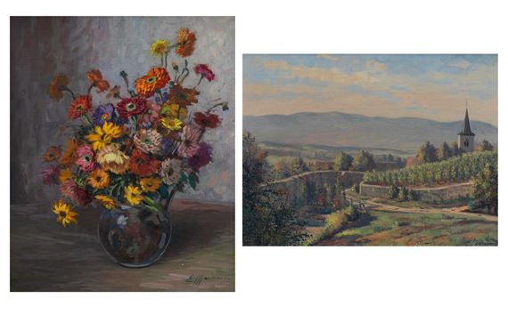Village de campagne, Nature morte aux fleurs - Eugène Meinen