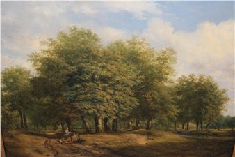 figures with a dog and donkey in a wooded landscape with distant shepherd and sheep - Alexander Hieronymus Bakhuyzen