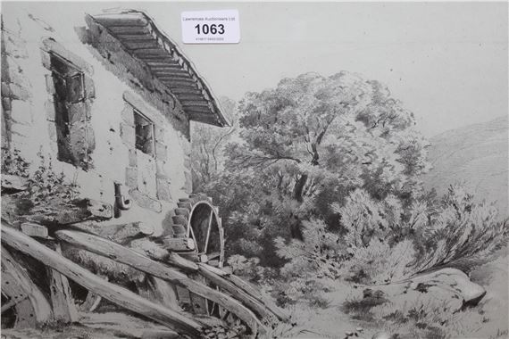 study of an old watermill by Charles Whitaker, dated 1858