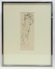 A minimalist ink sketch of a figure in profile, framed and mounted on neutral tones.