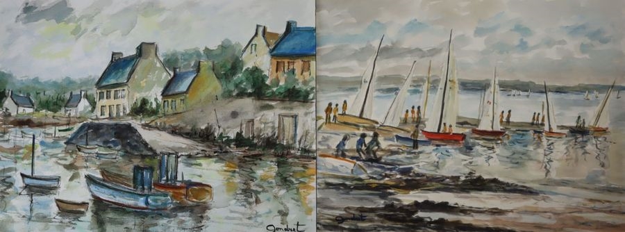 Artwork by Lucien Gondret, Sailing school on Belle-Ile Breton harbor, Made of Two watercolors on paper