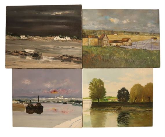 Seaside boat Lakeside Country landscape Seaside house Four oils on canvas