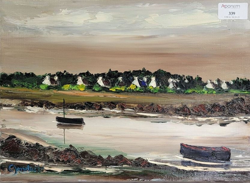 Artwork by Lucien Gondret, Houses in Guidel and the Laïta, 1980, Made of Oil on canvas