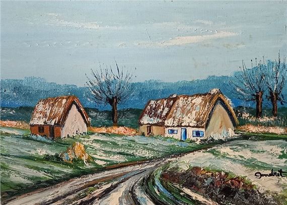 Snow on thatched cottages by Lucien Gondret, dated 1992