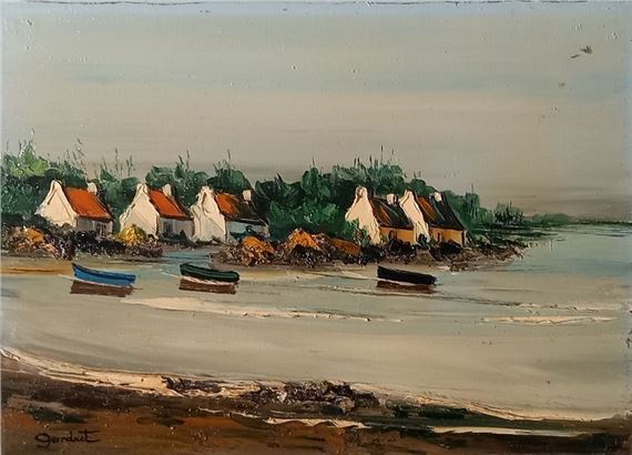 Barques à marée haute, Guidee, Morbihan by Lucien Gondret, dated 1984