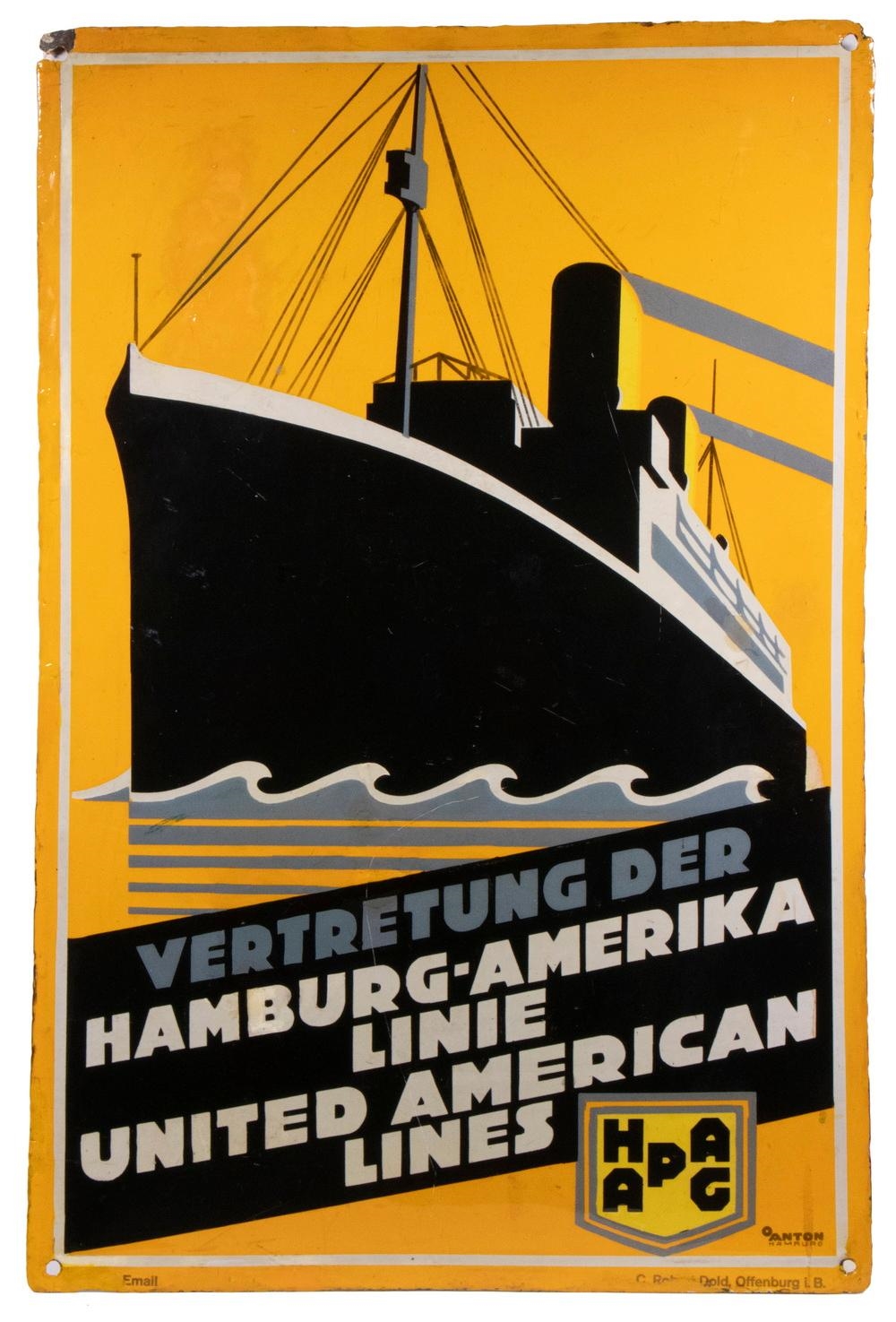 Artwork by C. Robert, HAMBURG-AMERIKA LINE PORCELAIN SIGN, Made of Enamel Porcelain