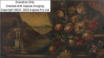 (1877-1968) Stillleben mit Ausblick auf eine Burg, signiert K. Behal, Öl auch Leinwand, Loch, beschädigt, 50 x 90 cm, gerahmt - Karl Behal