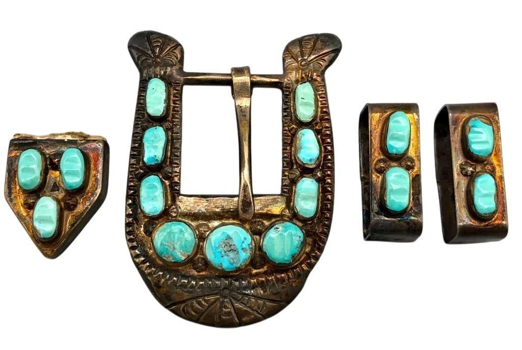 Peter & Ann Bateman | Vintage Four Piece Carved Turquoise Ranger Belt ...