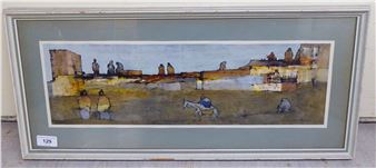 T Lee Elliot - 'Panel of Arab Traders' watercolour bears a signature & dated '49 6" x 19" framed - T. Lee Elliot