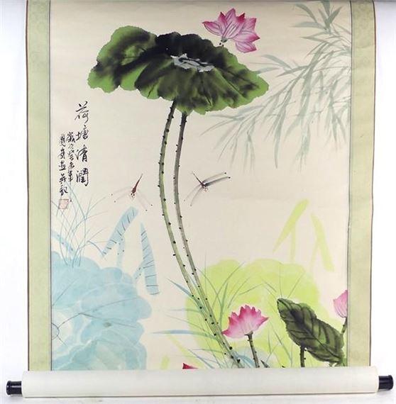 Large | Watercolour scroll with images of flowers and dragonflies ...