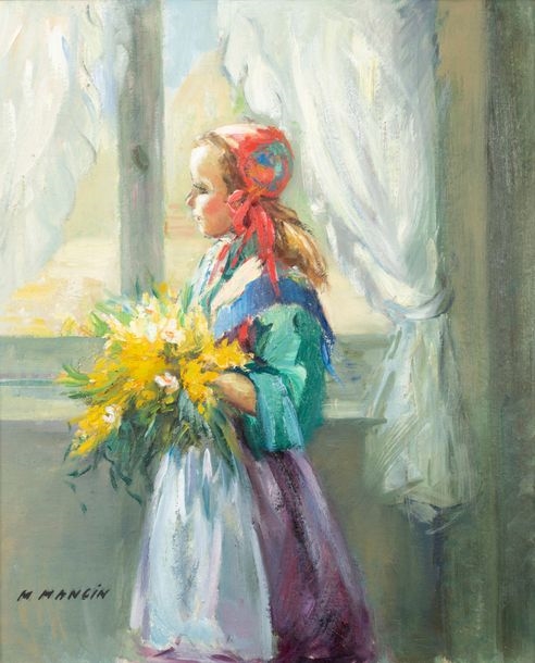 Artwork by Mangin, Young girl in an interior with a bouquet of flowers, Made of Oil on cardboard