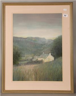 framed pastel country cottage scene - J. Bateman