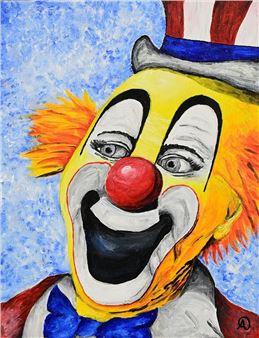 A vibrant, close-up portrait of a clown with exaggerated features and a wide grin.
