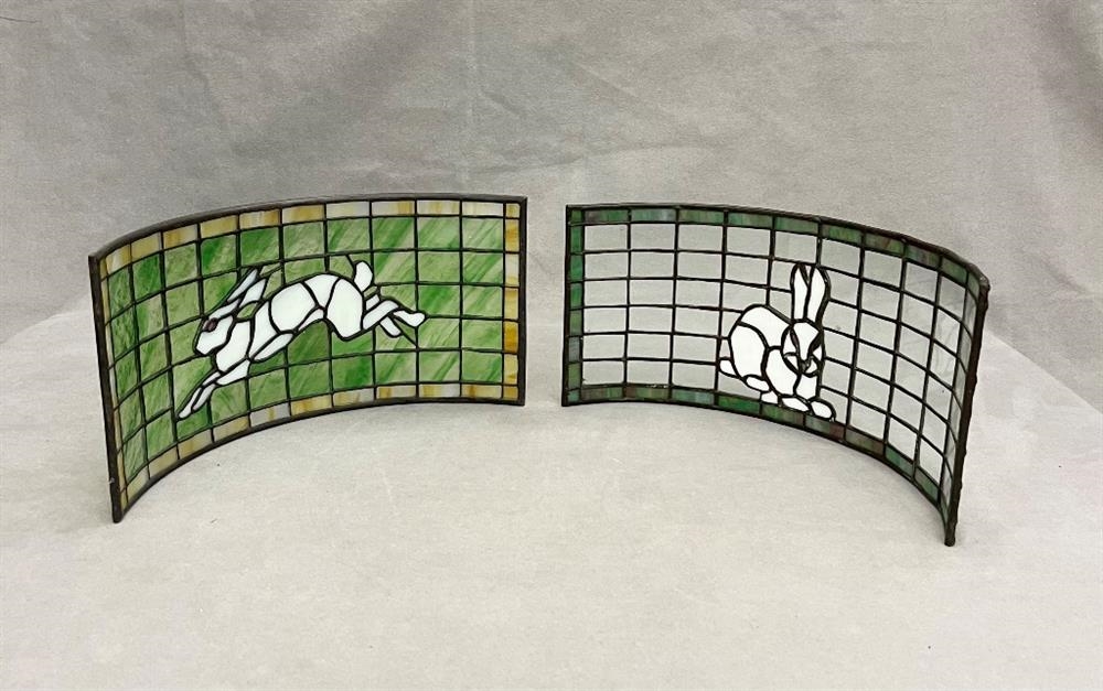 Rabbit | PAIR CURVED SLAG RECTANGULAR ART GLASS PANELS WITH RABBIT ...