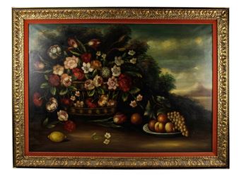 Still Life of Flowers and Fruit, Oil on Canvas - R.linares
