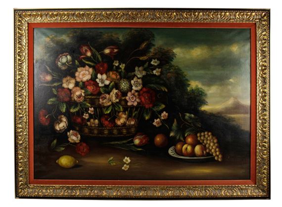 Still Life of Flowers and Fruit, Oil on Canvas - R.linares