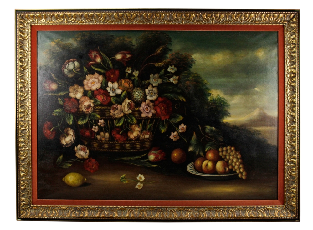 Artwork by R.linares, Still Life of Flowers and Fruit, Oil on Canvas, Made of oil on canvas