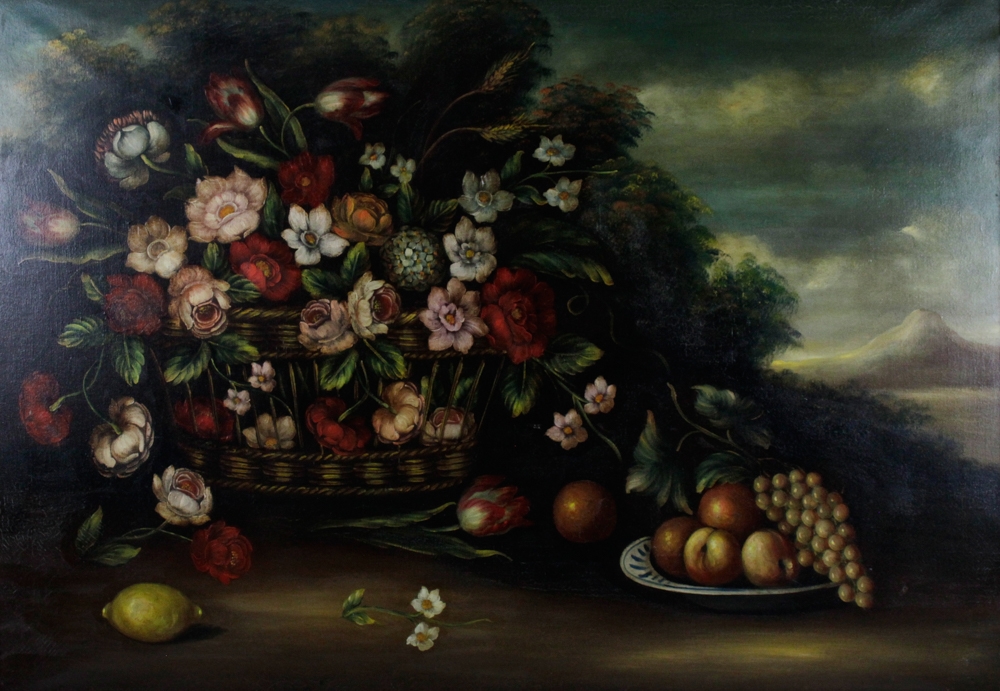 Artwork by R.linares, Still Life of Flowers and Fruit, Oil on Canvas, Made of oil on canvas