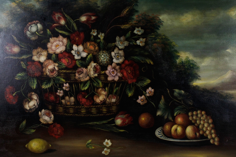Artwork by R.linares, Still Life of Flowers and Fruit, Oil on Canvas, Made of oil on canvas