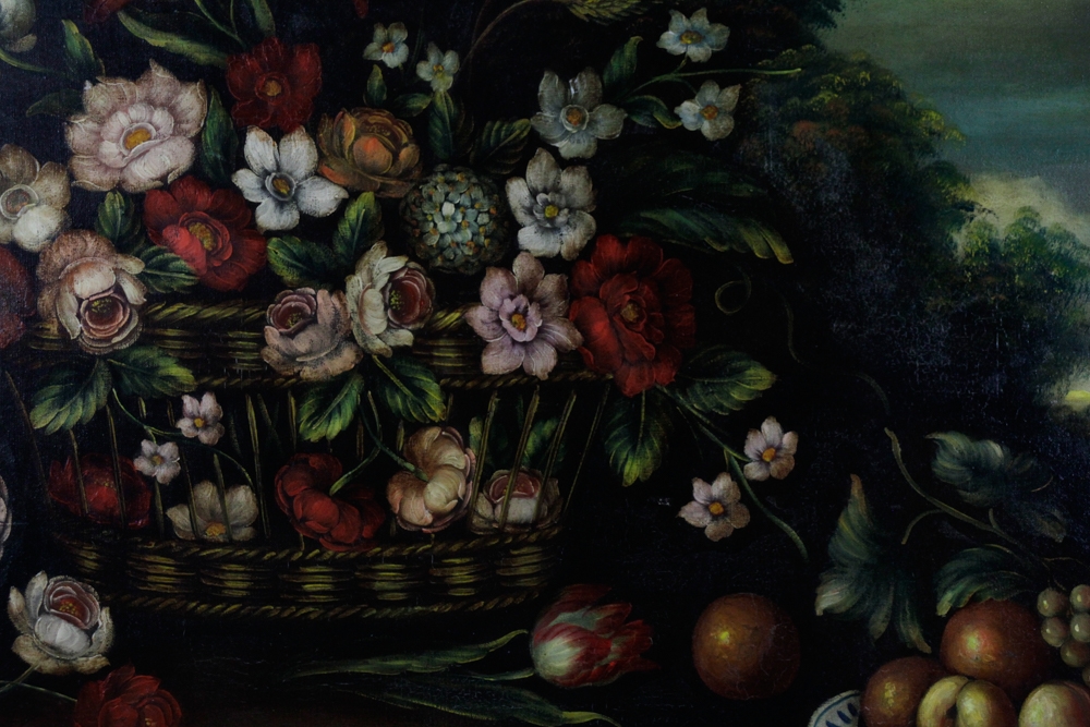 Artwork by R.linares, Still Life of Flowers and Fruit, Oil on Canvas, Made of oil on canvas