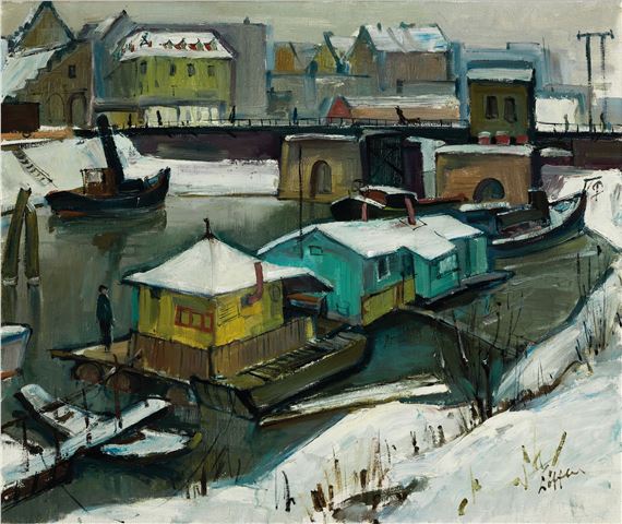 snow-coveredcity landscape with houseboats by Paul Löffler, 1938-1995