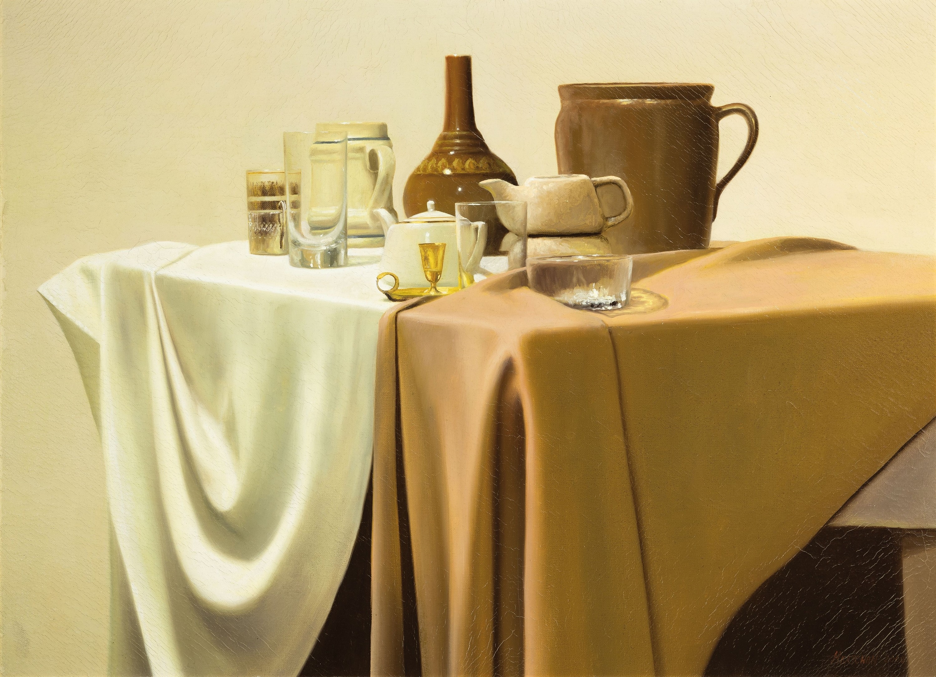 Artwork by Vladimir Mkrtchyan, Hyperrealistic still life with jugs, glasses and vessels, Made of oil/canvas