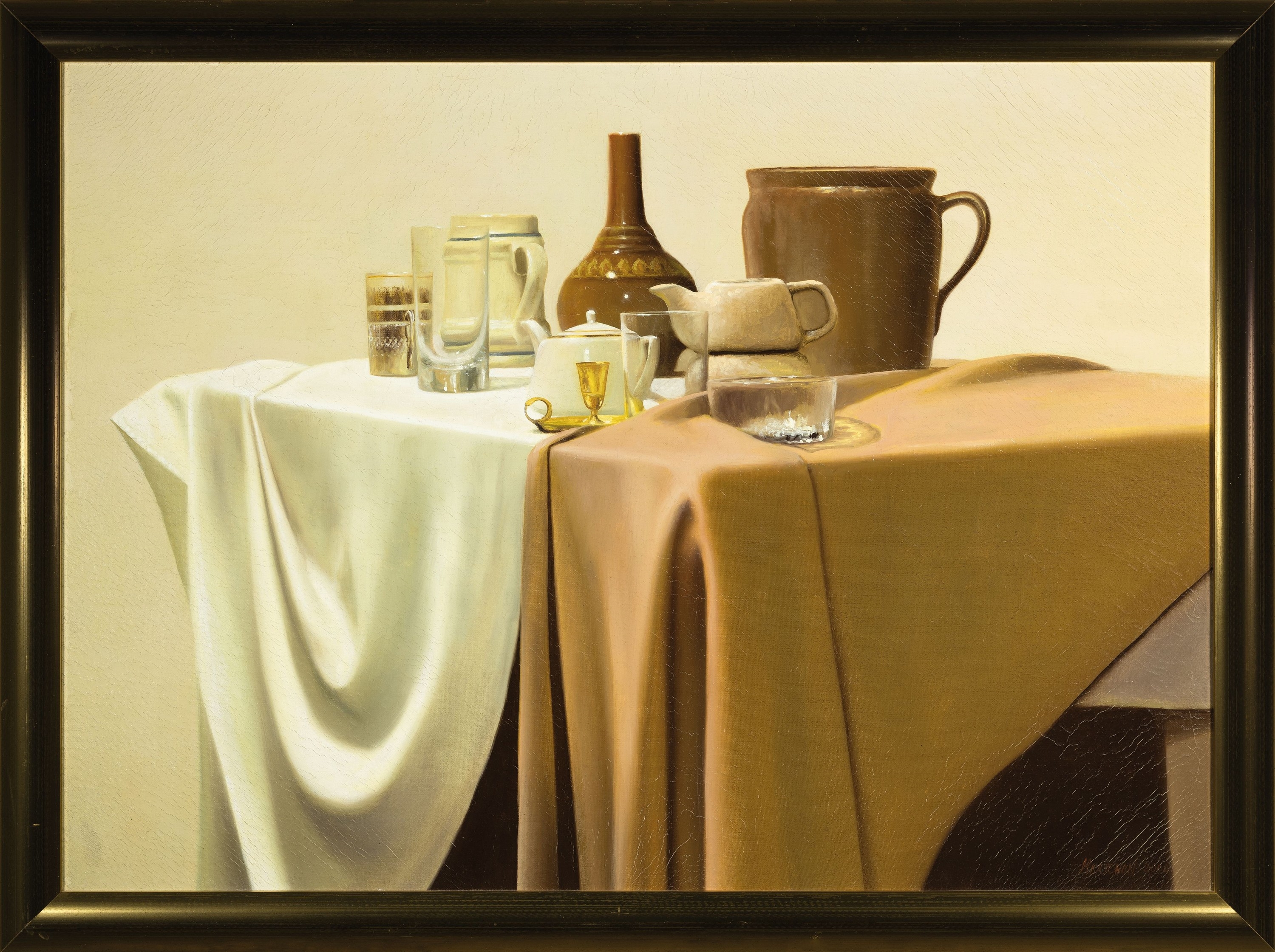 Artwork by Vladimir Mkrtchyan, Hyperrealistic still life with jugs, glasses and vessels, Made of oil/canvas